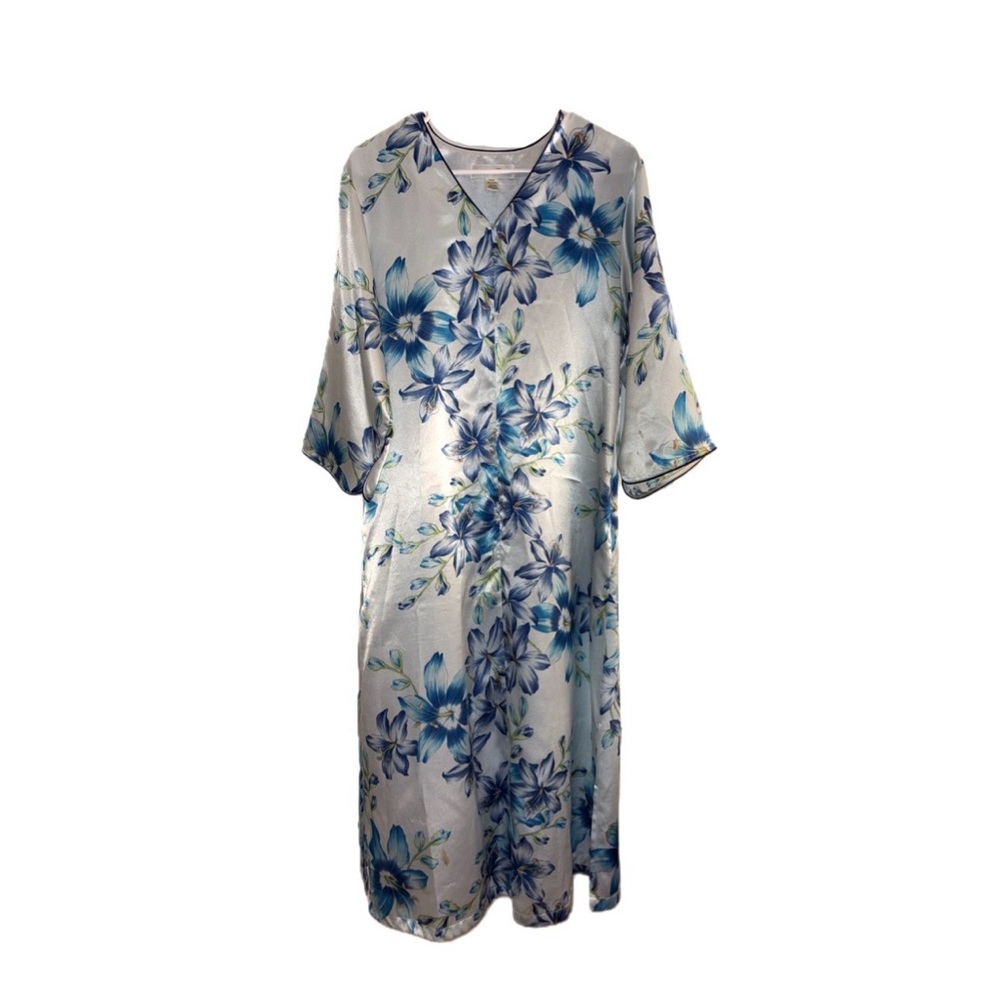 VTG Vintage Oscar de la Renta Blue Floral Kimono Satin-Like Robe Size XS (AS IS)
